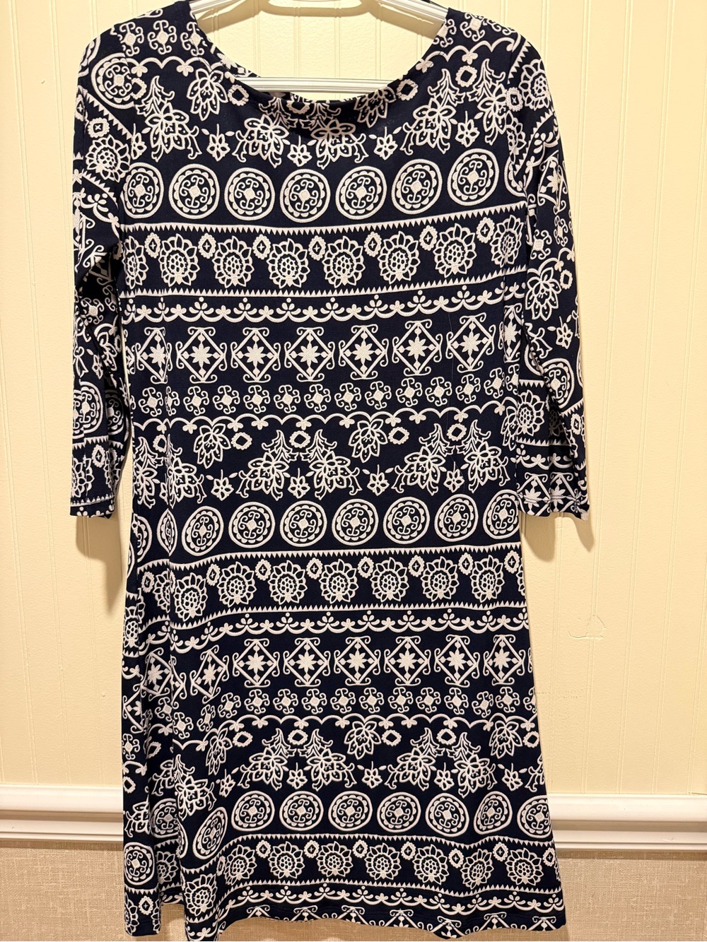 MT Collection Navy and White 3/4 Sleeve Geometric Floral A-Line Dress